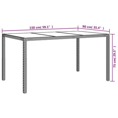 vidaXL Garden Table 150x90x75 cm Tempered Glass and Poly Rattan Grey