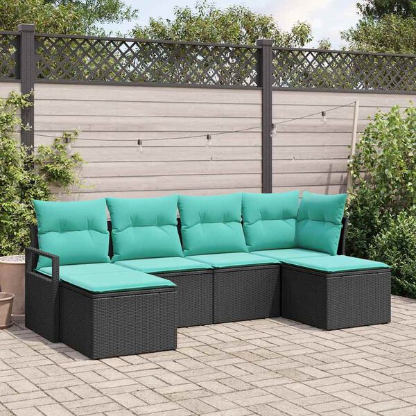 vidaXL Sofa Set with Cushion 6 pcs Black and Turquoise Poly Rattan