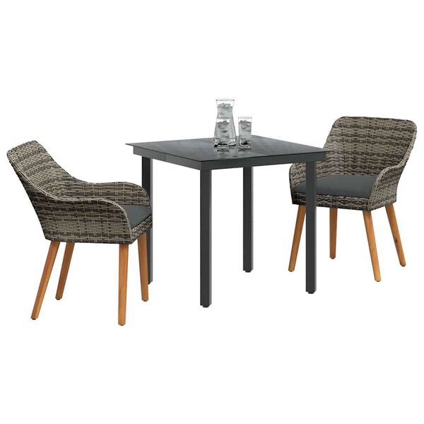 vidaXL Garden Dining Set with Cushion 3 pcs Grey Poly Rattan