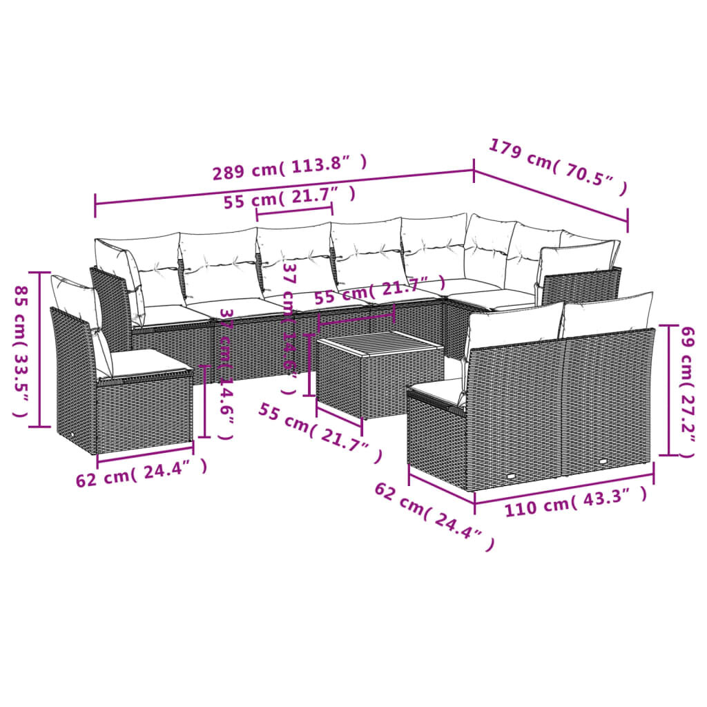 vidaXL 11 Piece Garden Sofa Set with Cushions Black Poly Rattan