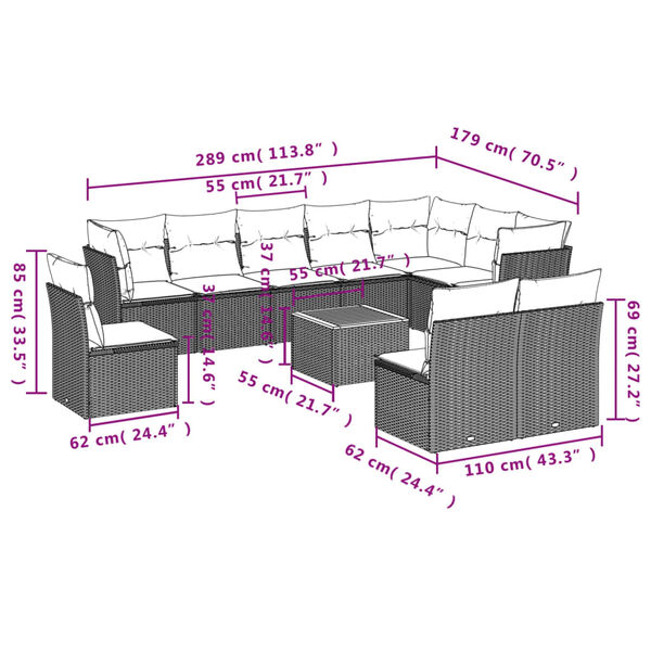 vidaXL 11 Piece Garden Sofa Set with Cushions Black Poly Rattan