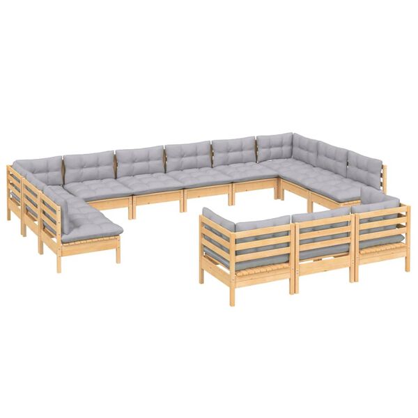 vidaXL 13 Piece Garden Lounge Set with Grey Cushions Pinewood