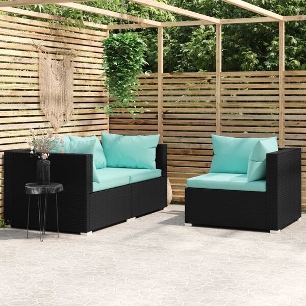 vidaXL 3 Piece Garden Lounge Set with Cushions Black Poly Rattan