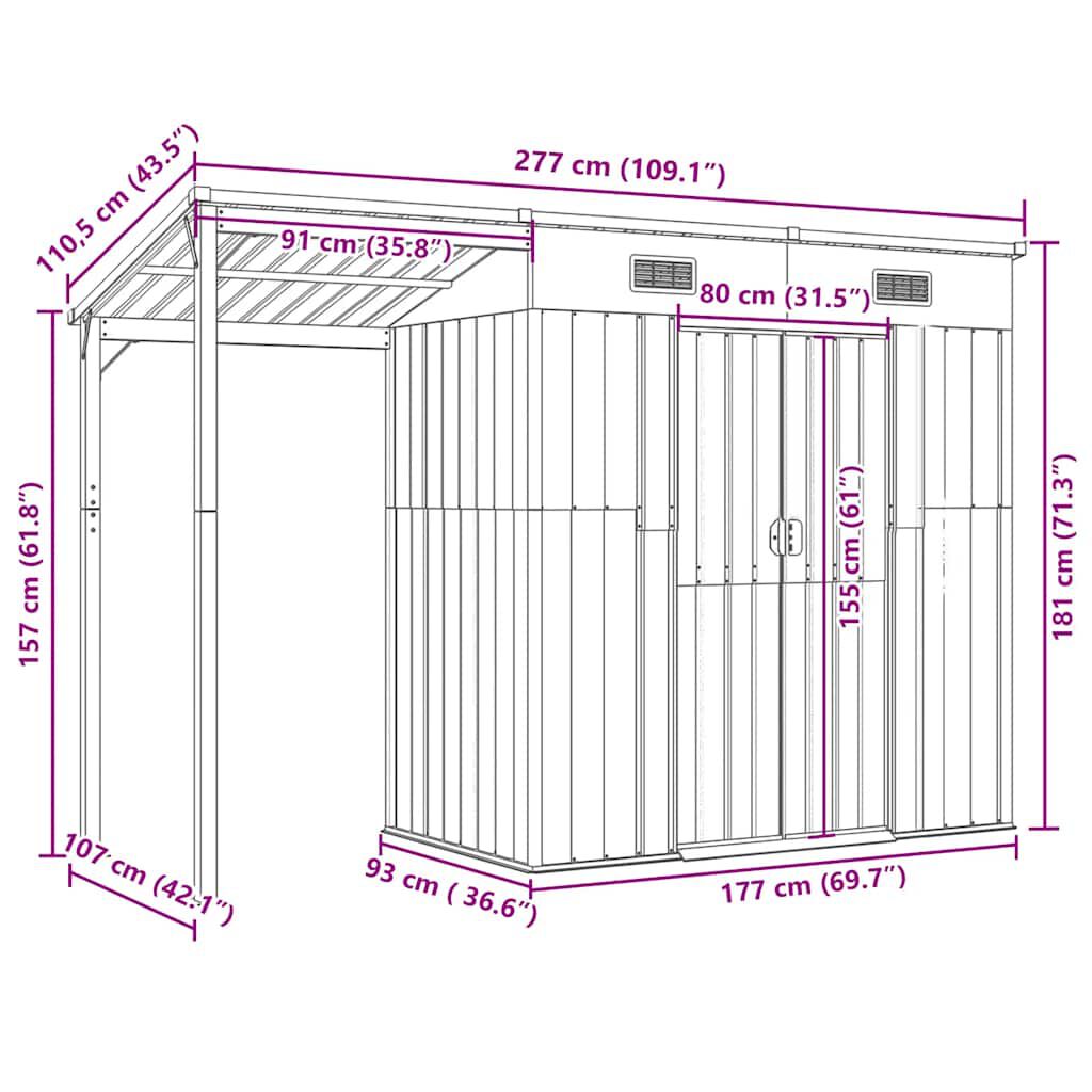 vidaXL Garden Shed with Extended Roof Light Brown 277x110.5x181cm Steel