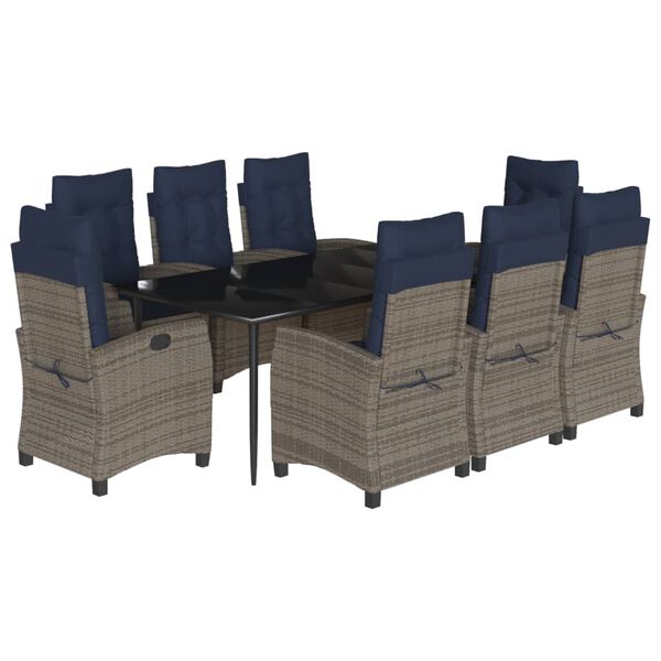 vidaXL 9 Piece Garden Dining Set with Cushions Grey Poly Rattan