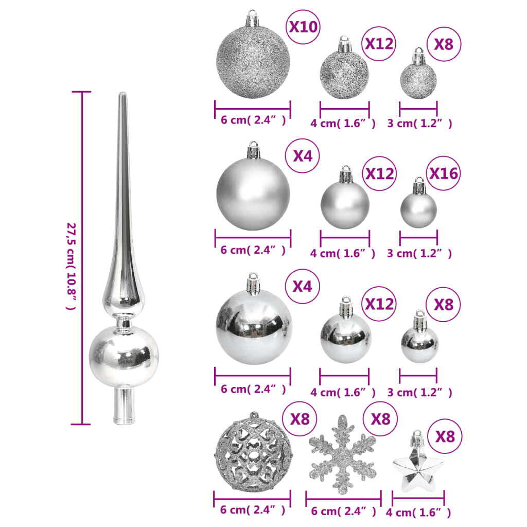 vidaXL 111 Piece Christmas Bauble Set Silver Polystyrene