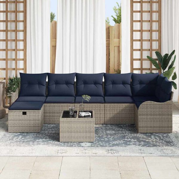 vidaXL Sofa Set with Cushion with Storage Grey and Navy Poly Rattan