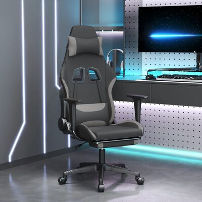 vidaXL Massage Gaming Chair with Footrest Black and Light Grey Fabric