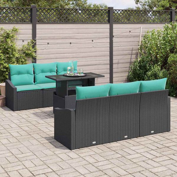 vidaXL Garden Sofa Set with Cushion 7 pcs Black Poly Rattan