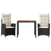 vidaXL 3 Piece Garden Dining Set with Cushions Black Poly Rattan