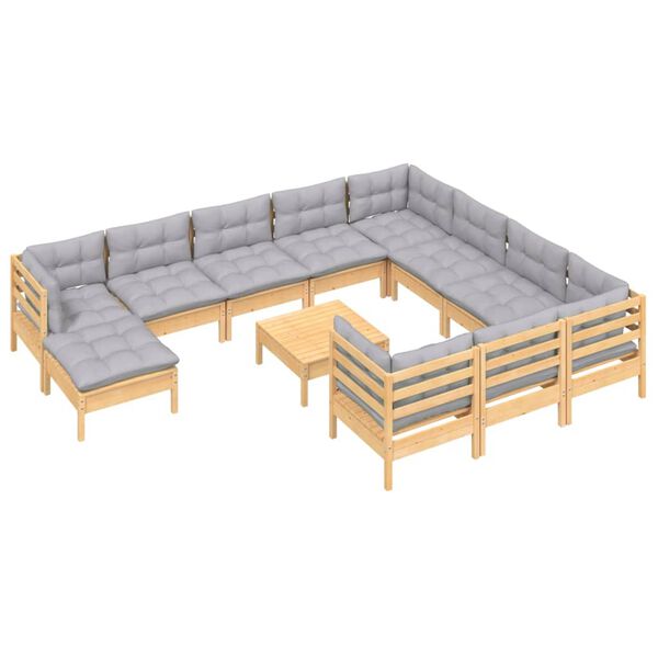 vidaXL 12 Piece Garden Lounge Set with Grey Cushions Pinewood