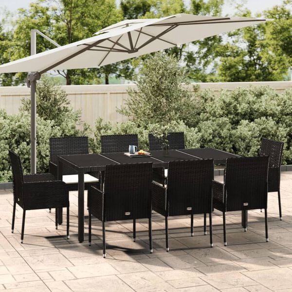 vidaXL 9 Piece Garden Dining Set with Cushions Black Poly Rattan