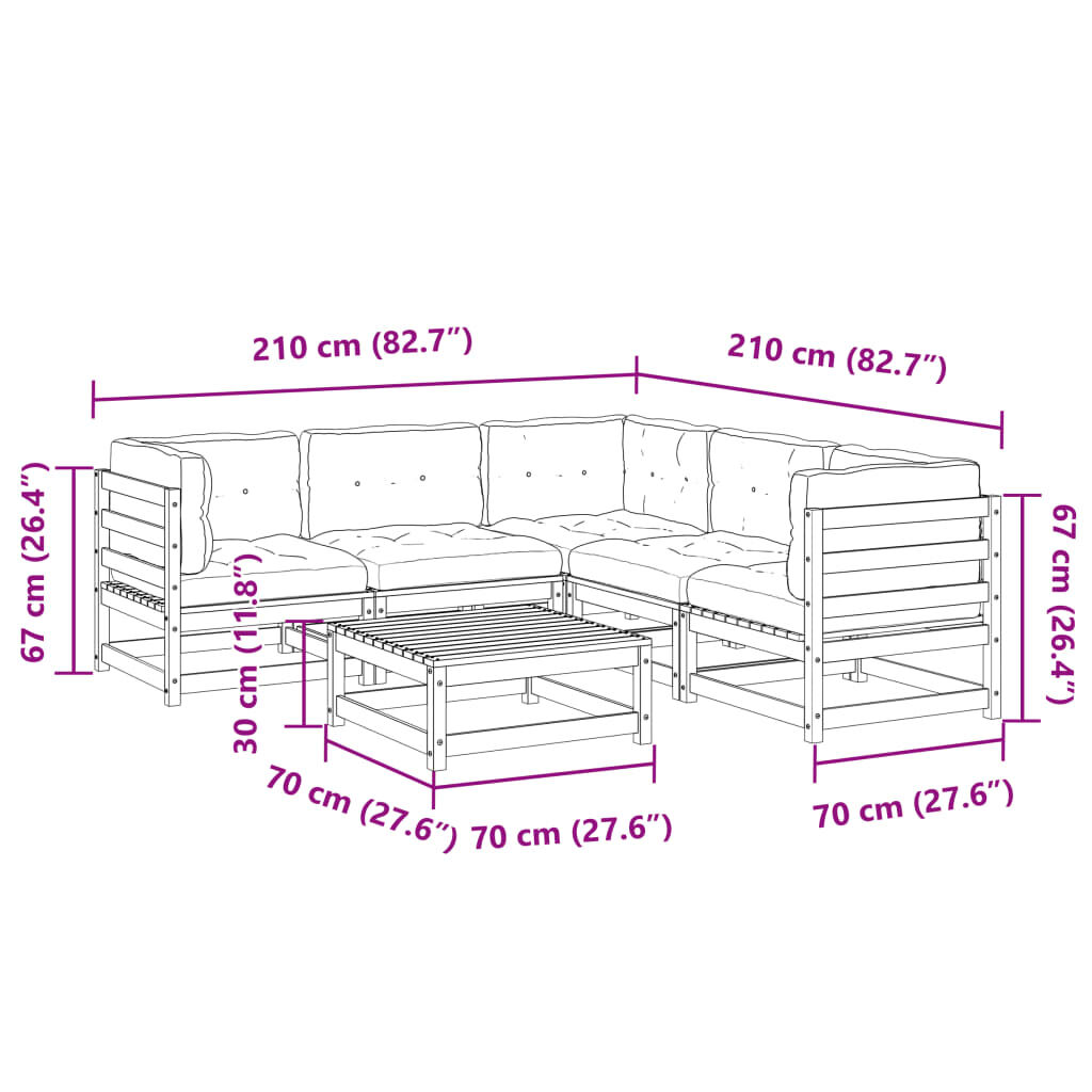 vidaXL 6 Piece Garden Sofa Set with Cushions Wax Brown Solid Wood Pine