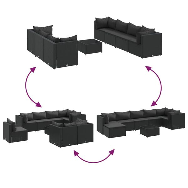 vidaXL 8 Piece Garden Lounge Set with Cushions Black Poly Rattan