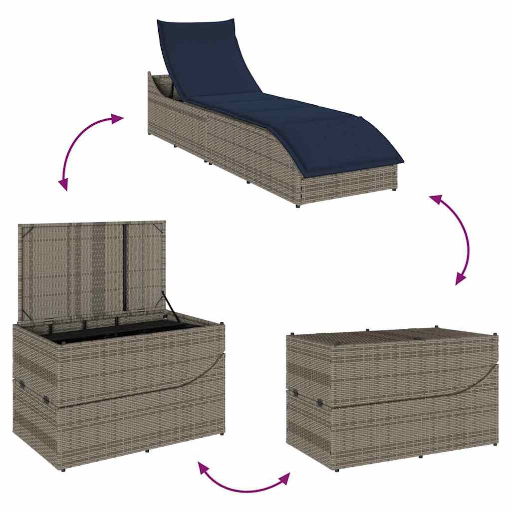 vidaXL Folding Sun Lounger with Cushion and Storage Grey Poly Rattan