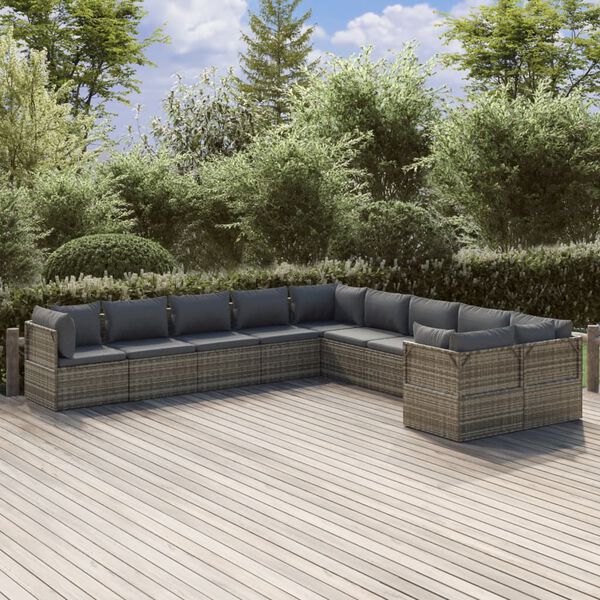 vidaXL 10 Piece Garden Lounge Set with Cushions Grey Poly Rattan