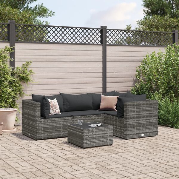 vidaXL 5 Piece Garden Lounge Set with Cushions Grey Poly Rattan