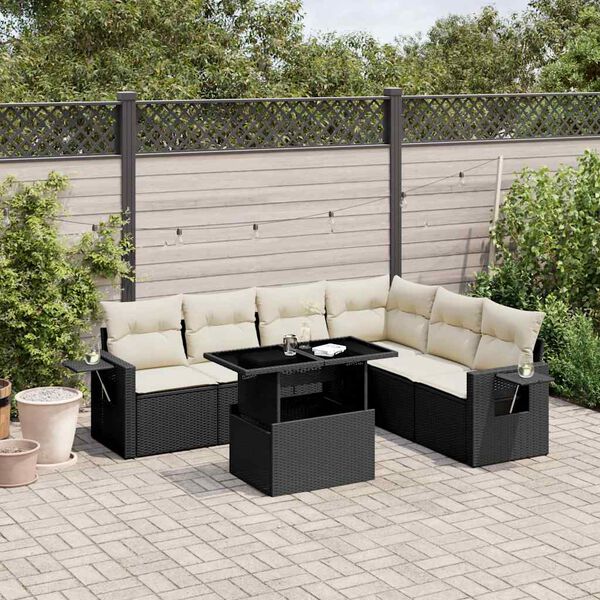 vidaXL 7 Piece Garden Sofa Set with Cushions Black Poly Rattan