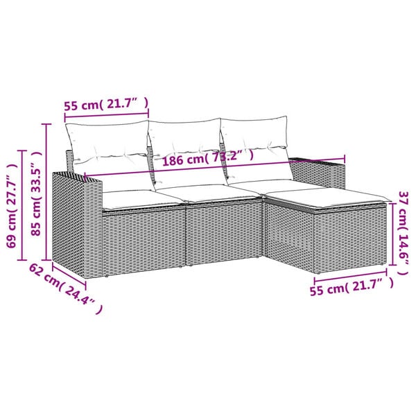 vidaXL 4 Piece Garden Sofa Set with Cushions Grey Poly Rattan