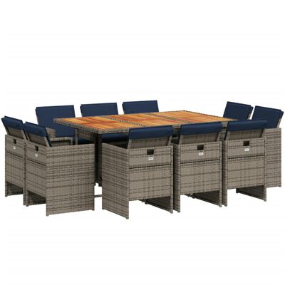vidaXL 11 Piece Garden Dining Set with Cushions Grey Poly Rattan