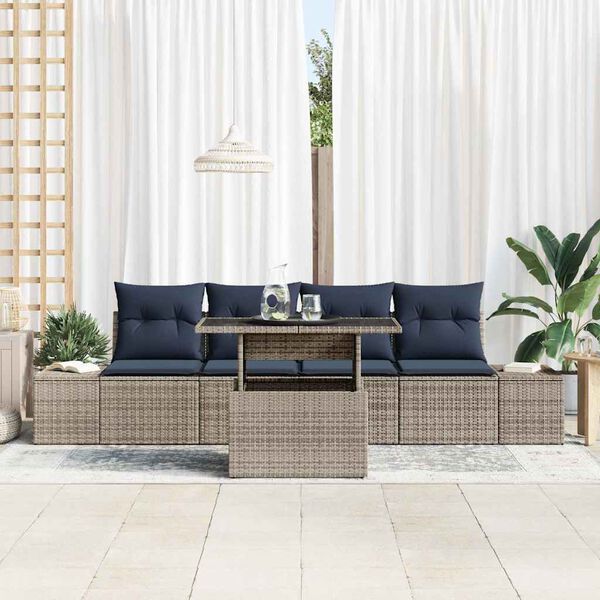 vidaXL Sofa Set with Cushion 5 pcs Grey and Navy Blue Poly Rattan