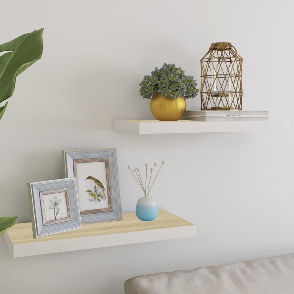 vidaXL Floating Wall Shelves 2 pcs Oak and White 60x23.5x3.8 cm MDF