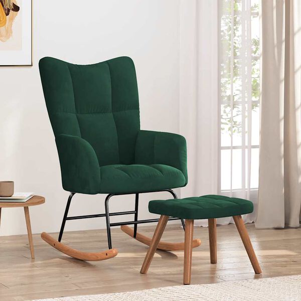 vidaXL Rocking Chair with a Stool Dark Green Velvet