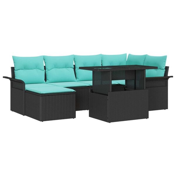 vidaXL 7 Piece Garden Sofa Set with Cushions Black Poly Rattan