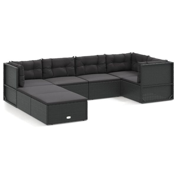 vidaXL 7 Piece Garden Lounge Set with Cushions Black Poly Rattan