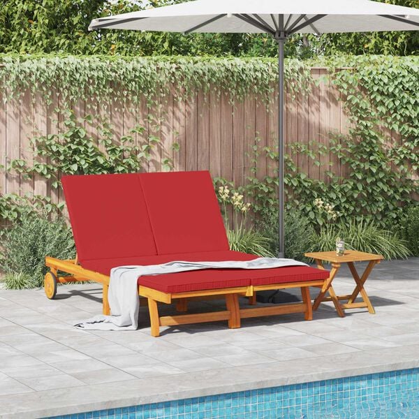 vidaXL Double Sun Lounger with Wheels and Cushion - Solid Acacia Wood