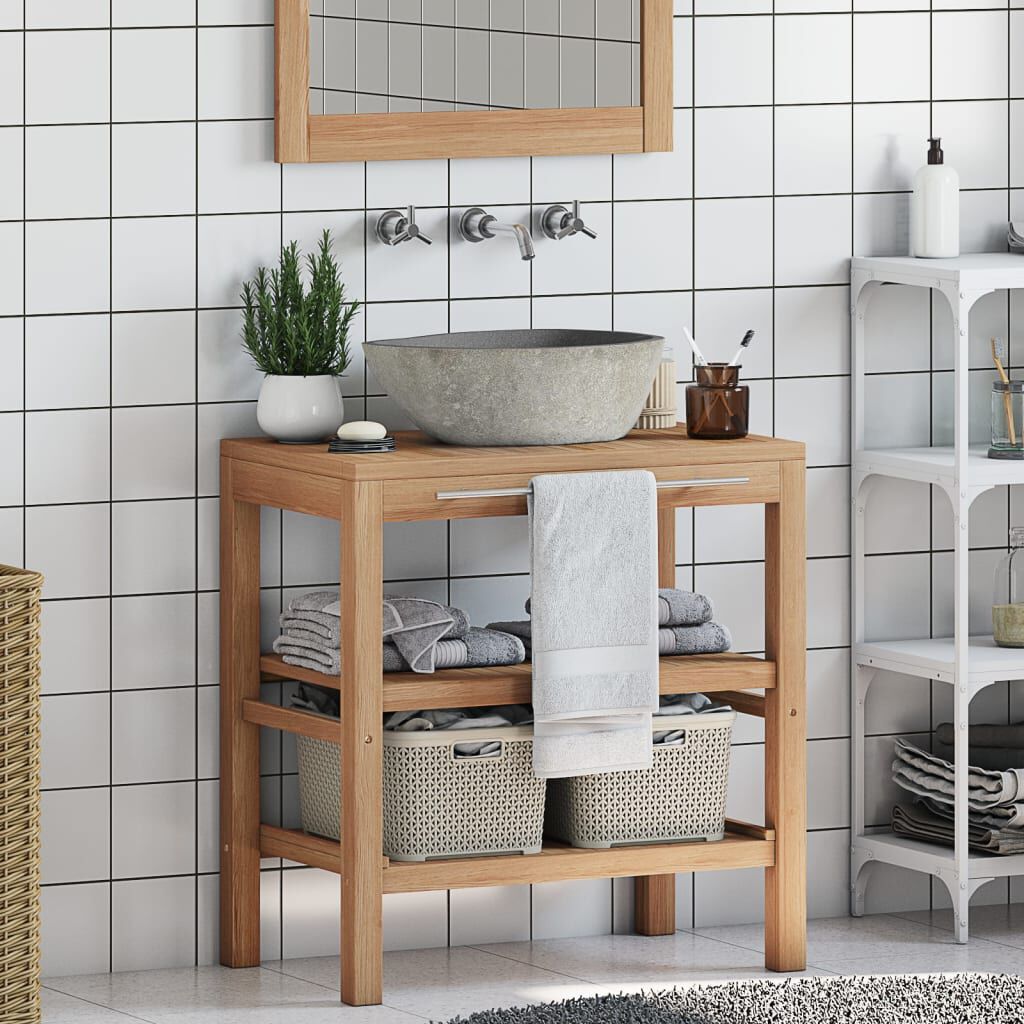 vidaXL Bathroom Vanity Cabinet Solid Teak with Riverstone Sink