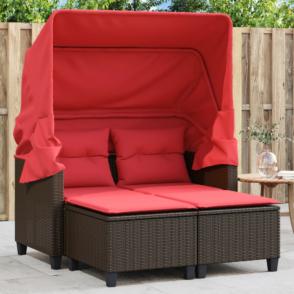 vidaXL Garden Sofa 2-Seater with Canopy and Stools Brown Poly Rattan