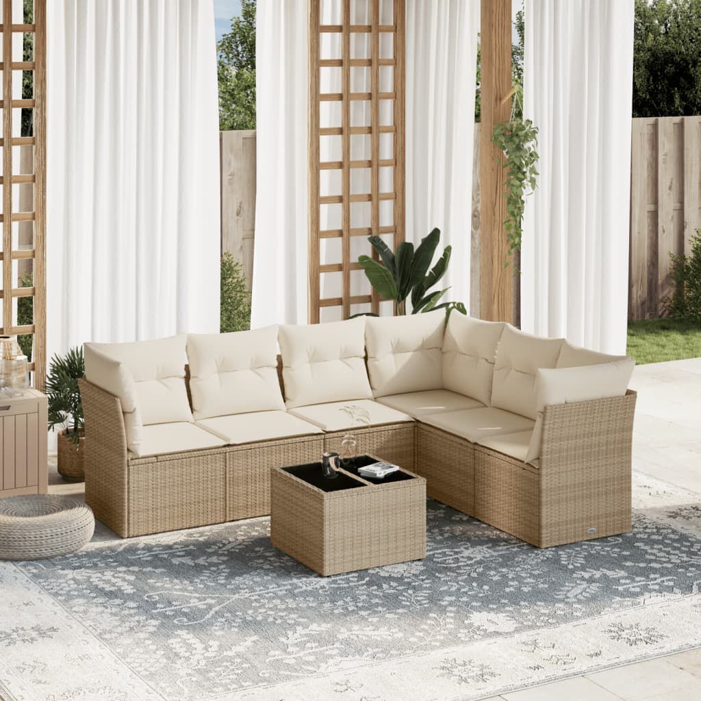 vidaXL 7 Piece Garden Sofa Set with Cushions Beige Poly Rattan