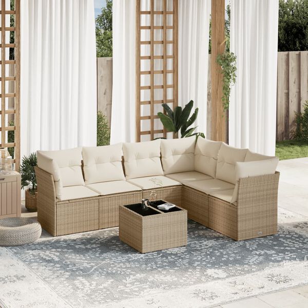 vidaXL 7 Piece Garden Sofa Set with Cushions Beige Poly Rattan