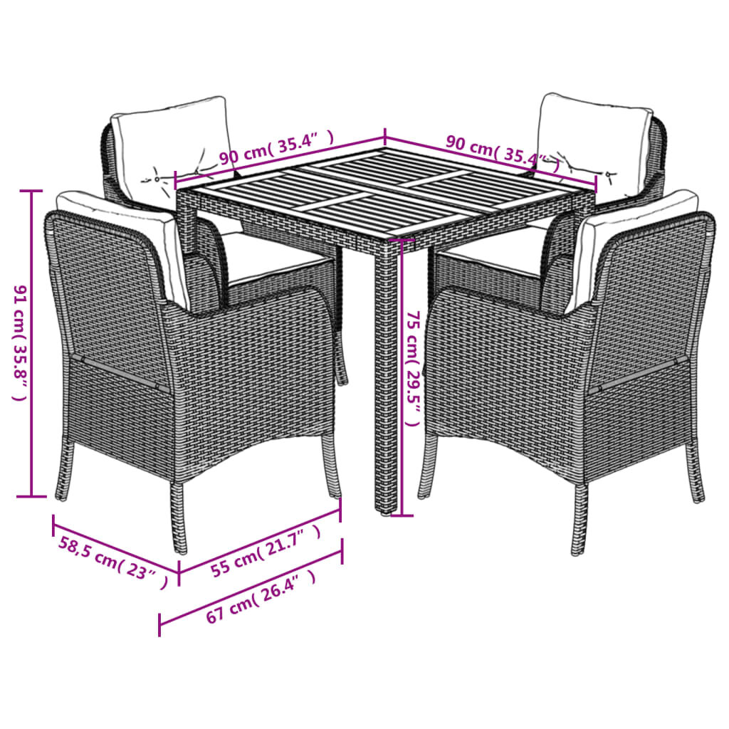 vidaXL 5 Piece Garden Dining Set with Cushions Grey Poly Rattan