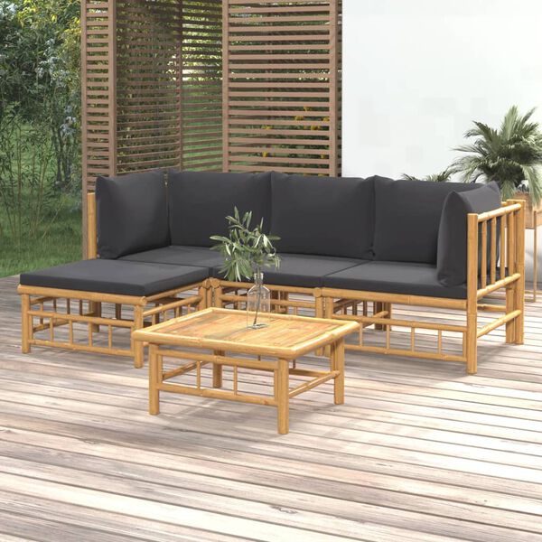 vidaXL 5 Piece Garden Lounge Set with Dark Grey Cushions Bamboo