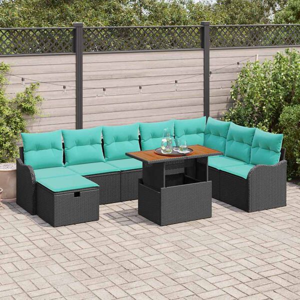 vidaXL Garden Sofa Set Height-Adjustable 9 pcs Black Poly Rattan
