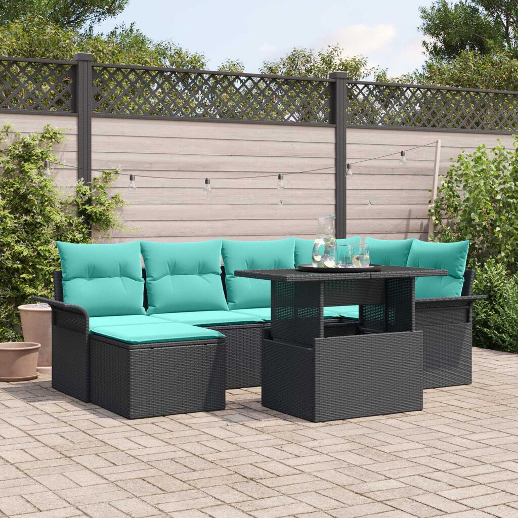 vidaXL 7 Piece Garden Sofa Set with Cushions Black Poly Rattan