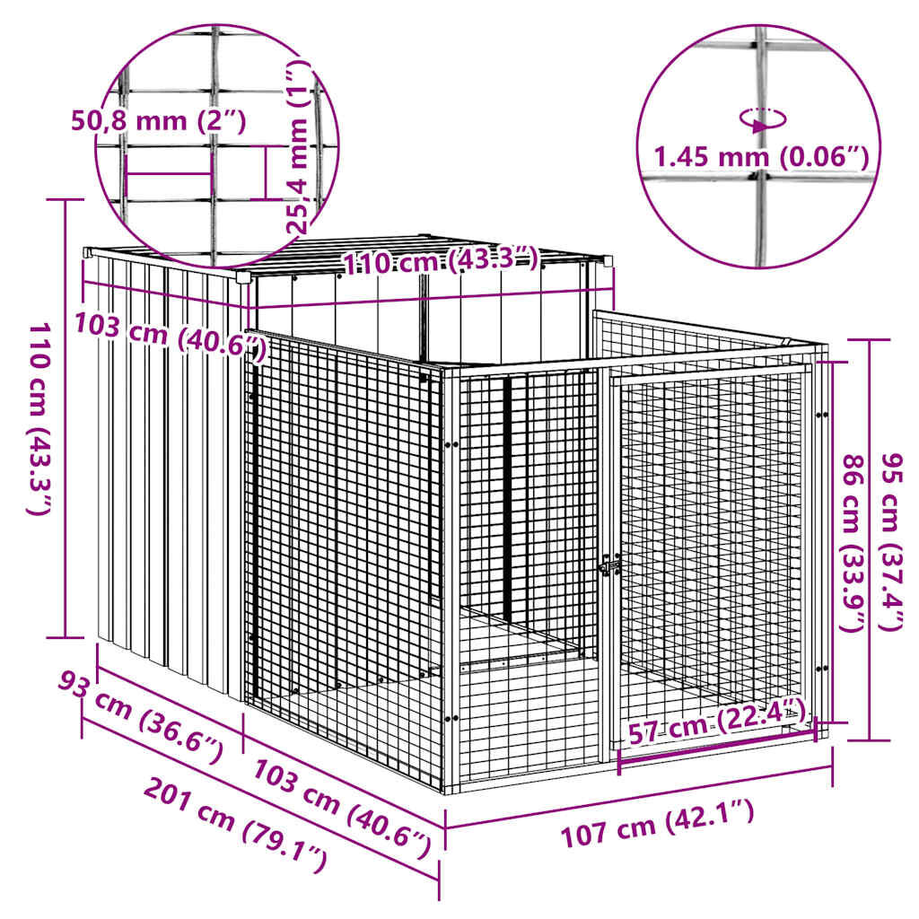 vidaXL Dog House with Run Anthracite 110x201x110 cm Galvanised Steel