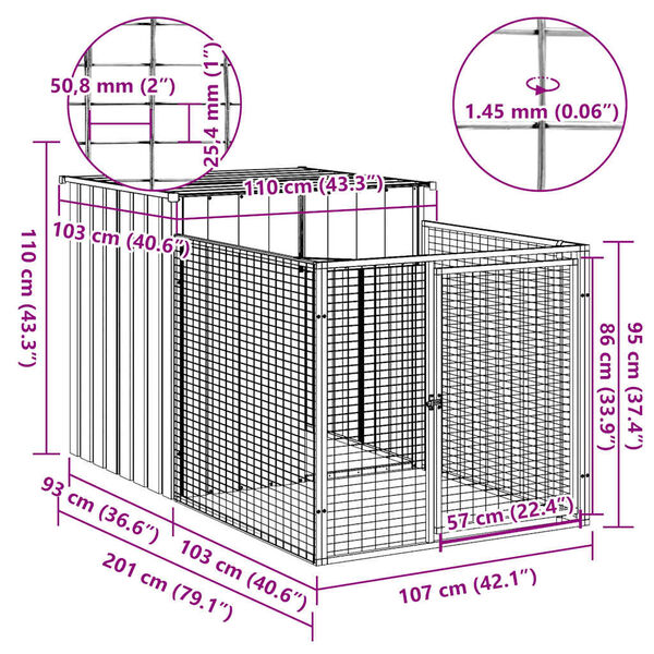 vidaXL Dog House with Run Anthracite 110x201x110 cm Galvanised Steel
