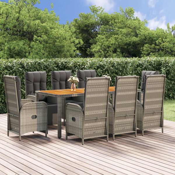 vidaXL 9 Piece Garden Dining Set with Cushions Grey Poly Rattan