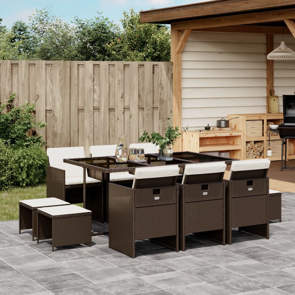 vidaXL 11 Piece Garden Dining Set with Cushions Brown Poly Rattan