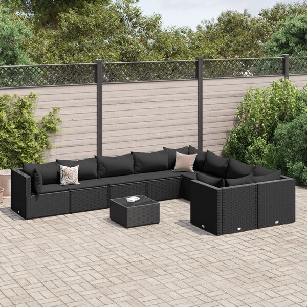 vidaXL 10 Piece Garden Sofa Set with Cushions Black Poly Rattan