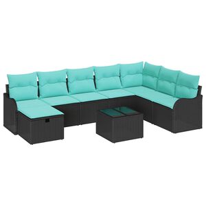 vidaXL Sofa Set with Cushion 9 pcs Black and Turquoise Poly Rattan