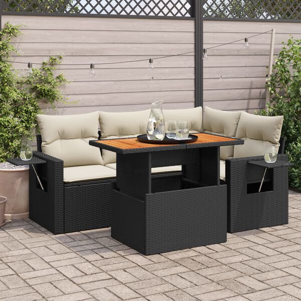vidaXL 5 Piece Garden Sofa Set with Cushions Black Poly Rattan