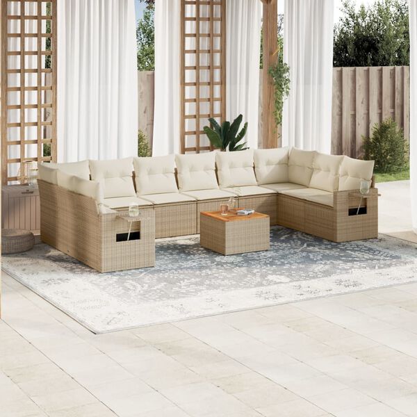 vidaXL 11 Piece Garden Sofa Set with Cushions Beige Poly Rattan