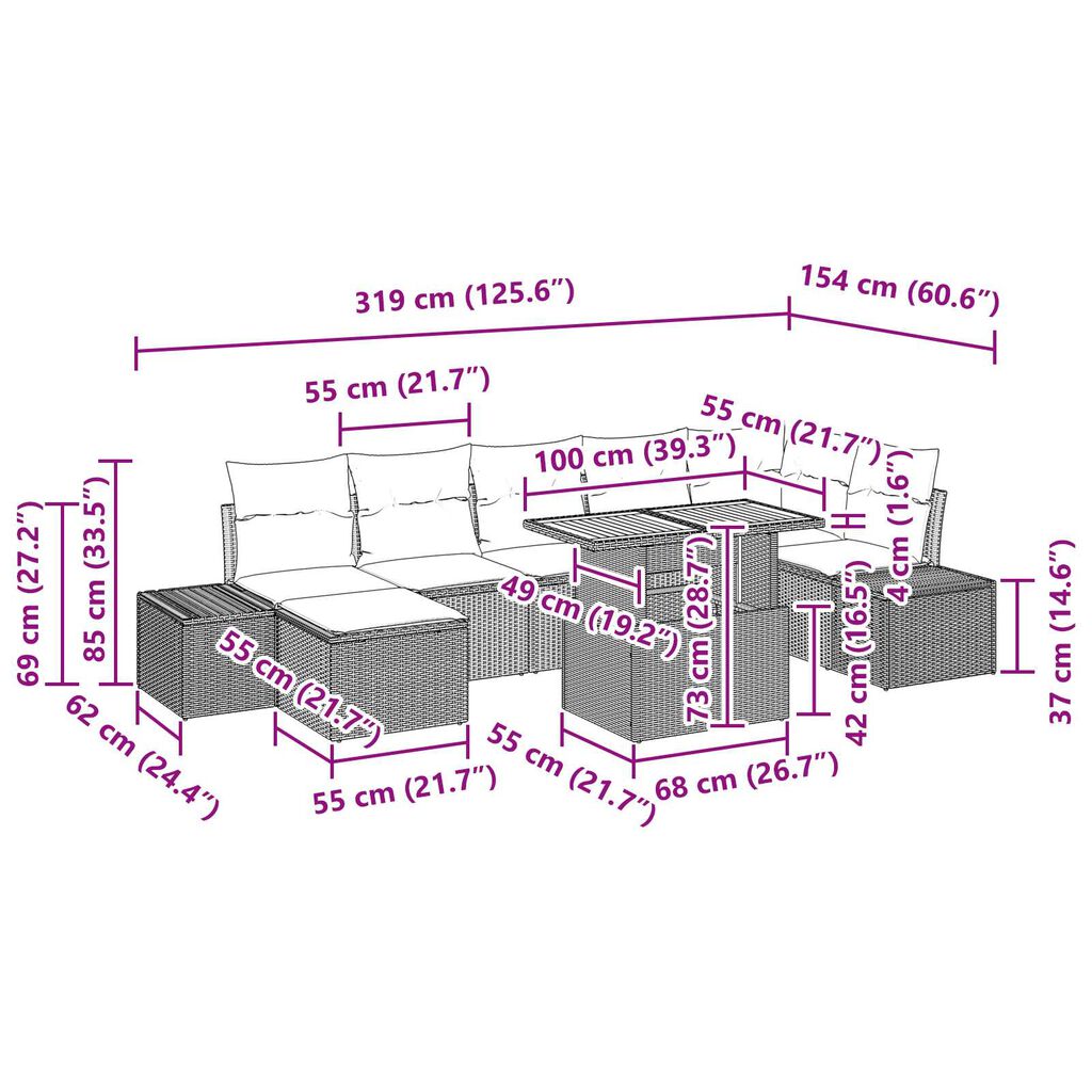 vidaXL 8 Piece Garden Sofa Set with Cushions Black Poly Rattan Acacia