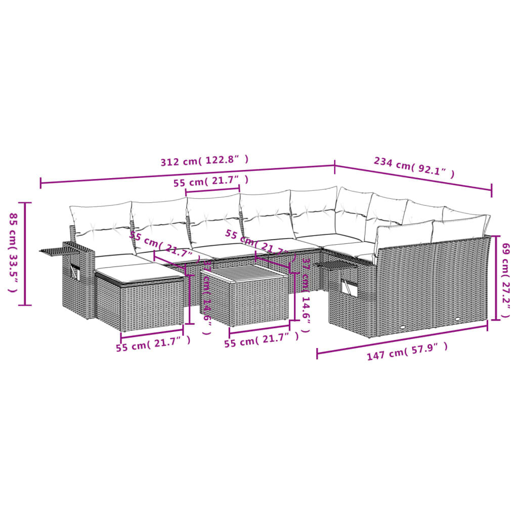vidaXL 11 Piece Garden Sofa Set with Cushions Grey Poly Rattan