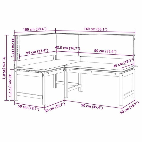 vidaXL Garden Corner Bench Brown 140 x 100 x 91cm Solid Acacia wood