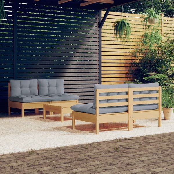 vidaXL 5 Piece Garden Lounge Set with Grey Cushions Pinewood